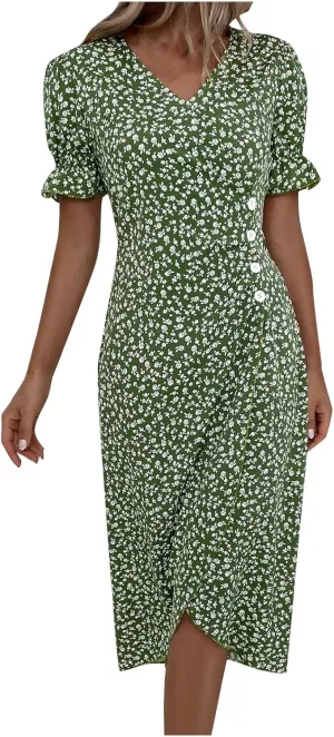 Women's Maxi Dress Spring Summer Casual Loose Floral Printed A-Line 2024 V Neck Short Sleeve Boho Midi Dresses, S-3XL