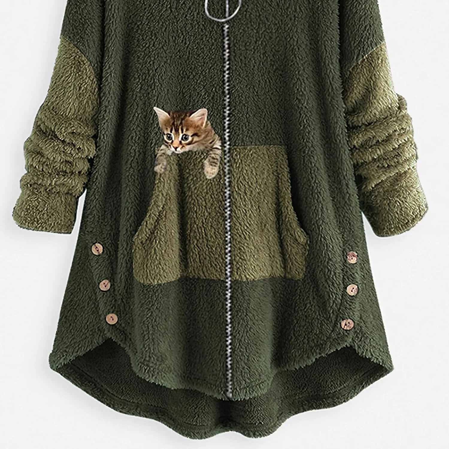 Women's Oversized Zip Up Sherpa Hoodie Fuzzy Fleece Jacket Cat Kitty Print Lightweight Faux Shearling A Line Teddy Coat