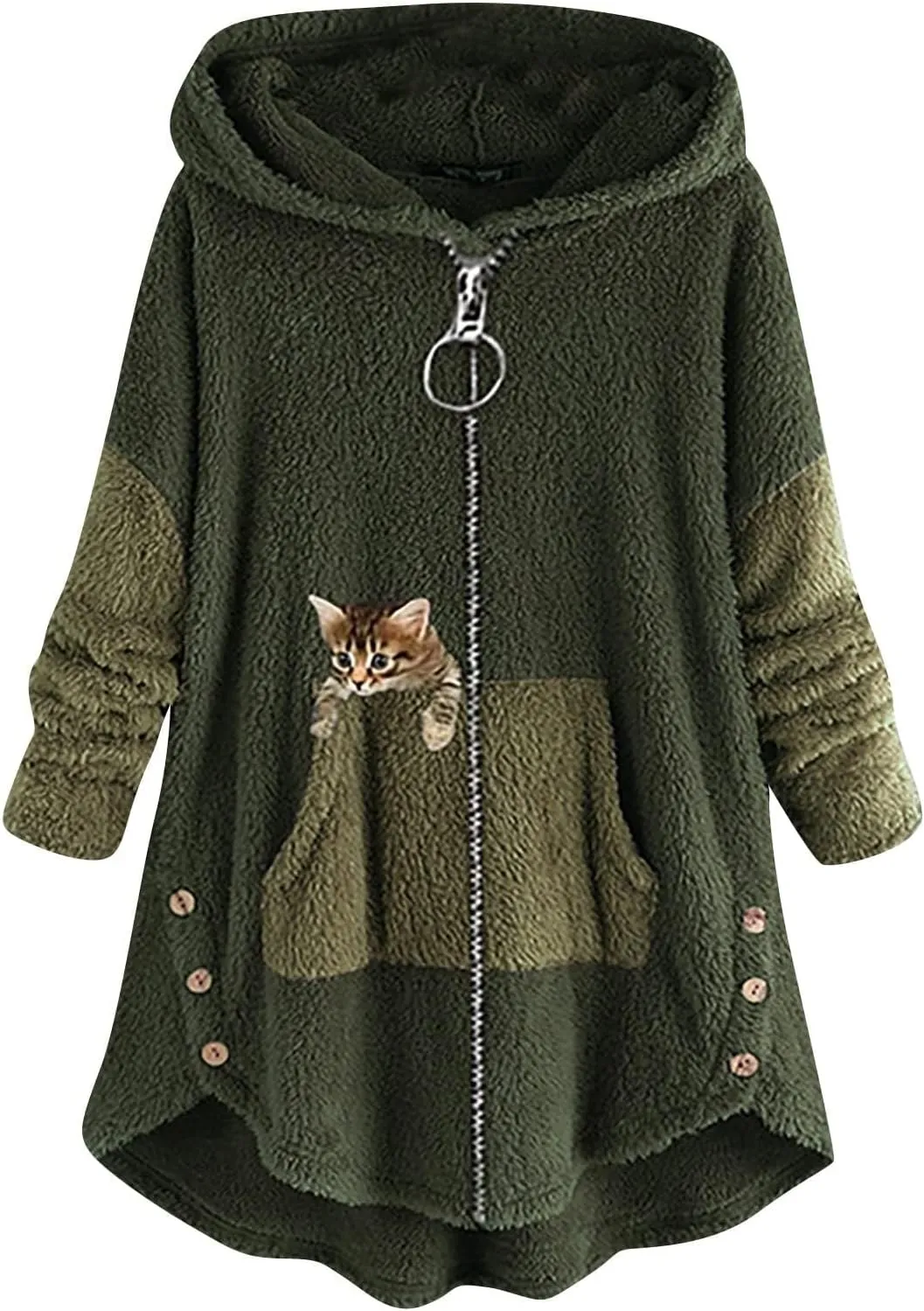 Women's Oversized Zip Up Sherpa Hoodie Fuzzy Fleece Jacket Cat Kitty Print Lightweight Faux Shearling A Line Teddy Coat