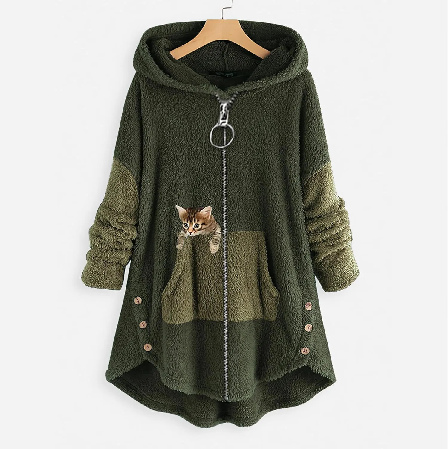 Women's Oversized Zip Up Sherpa Hoodie Fuzzy Fleece Jacket Cat Kitty Print Lightweight Faux Shearling A Line Teddy Coat