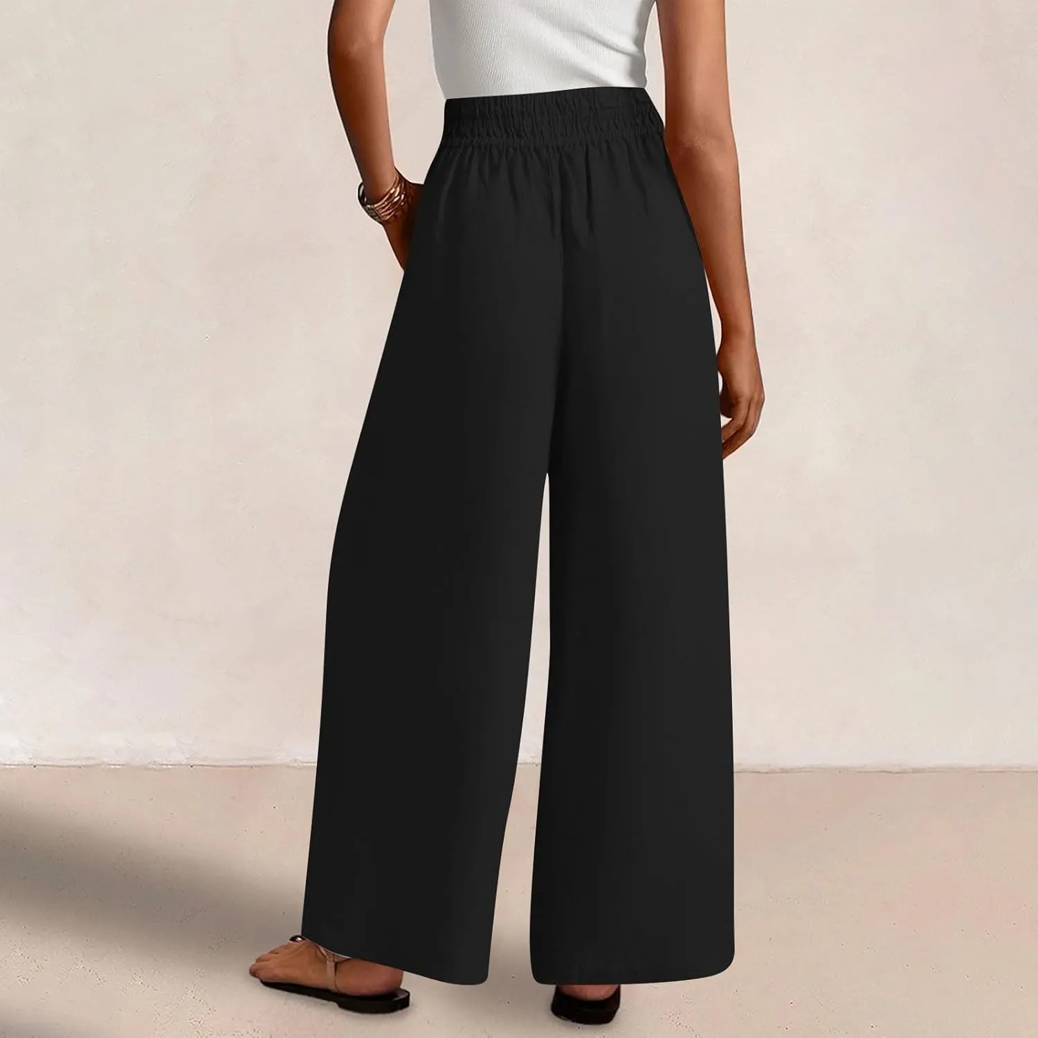 Womens Palazzo Pants with Pockets Loose Flowy Wide Leg Pants Summer Beach Travel Outfits Stretch Comfy Trousers