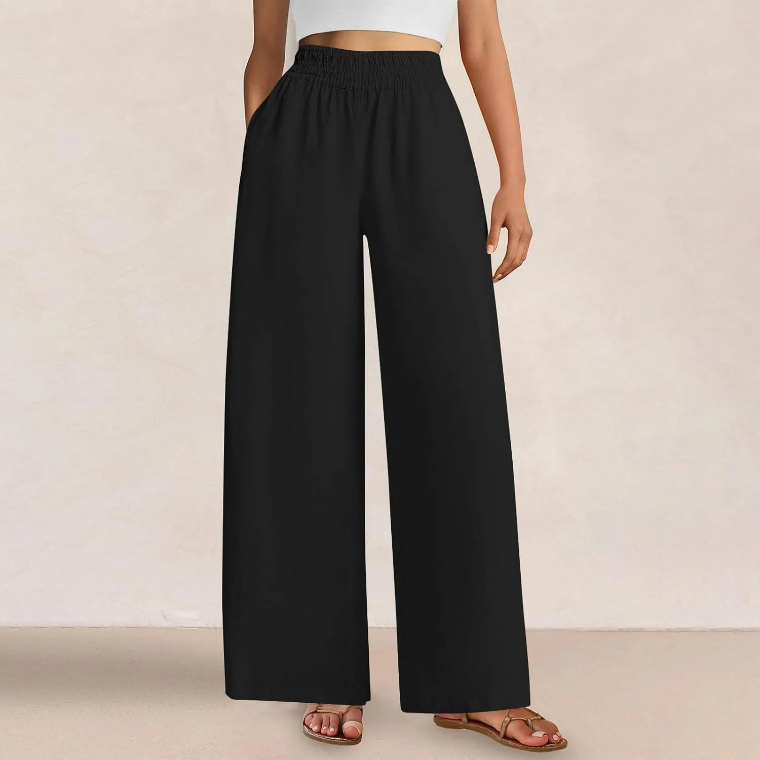 Womens Palazzo Pants with Pockets Loose Flowy Wide Leg Pants Summer Beach Travel Outfits Stretch Comfy Trousers