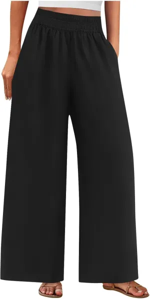 Womens Palazzo Pants with Pockets Loose Flowy Wide Leg Pants Summer Beach Travel Outfits Stretch Comfy Trousers