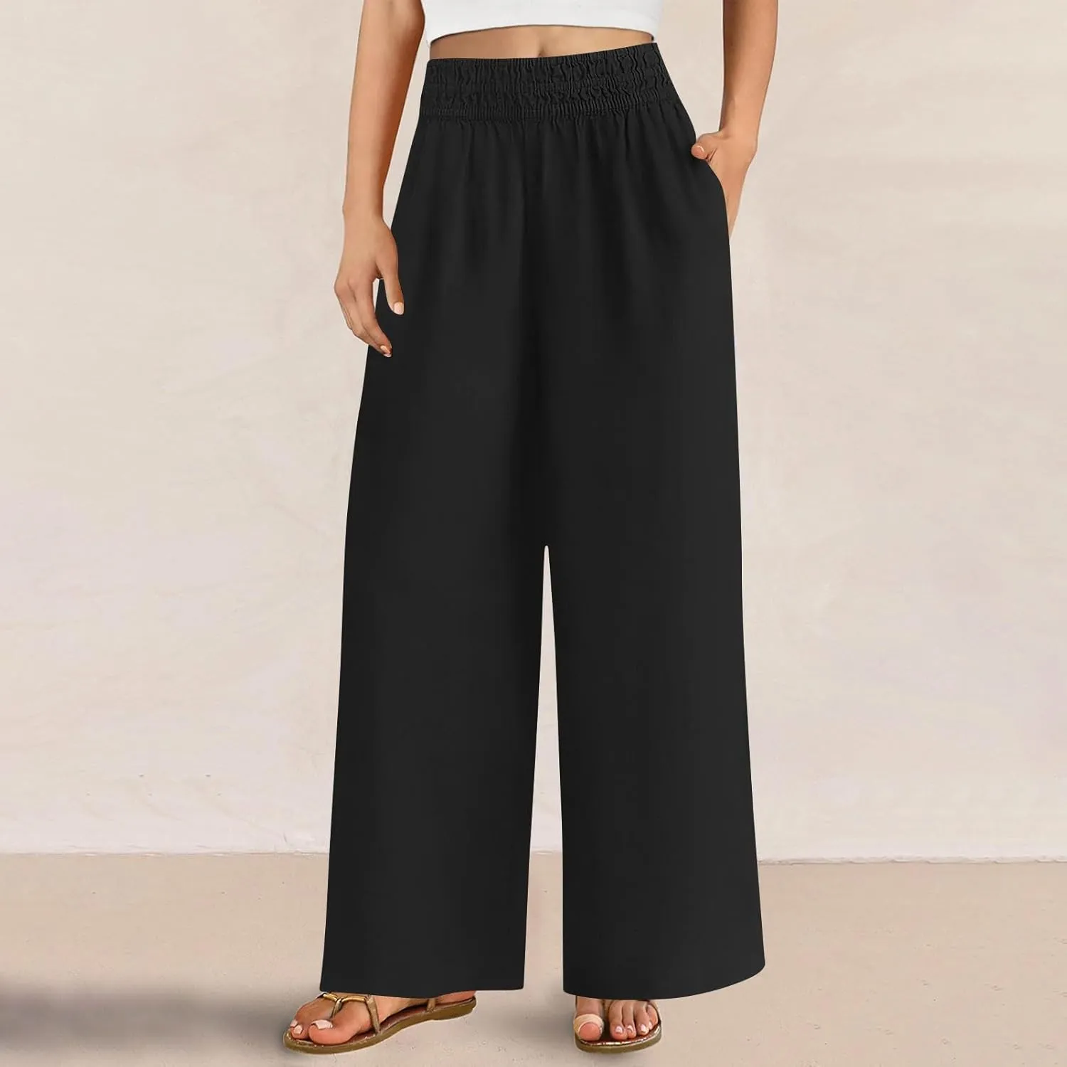 Womens Palazzo Pants with Pockets Loose Flowy Wide Leg Pants Summer Beach Travel Outfits Stretch Comfy Trousers