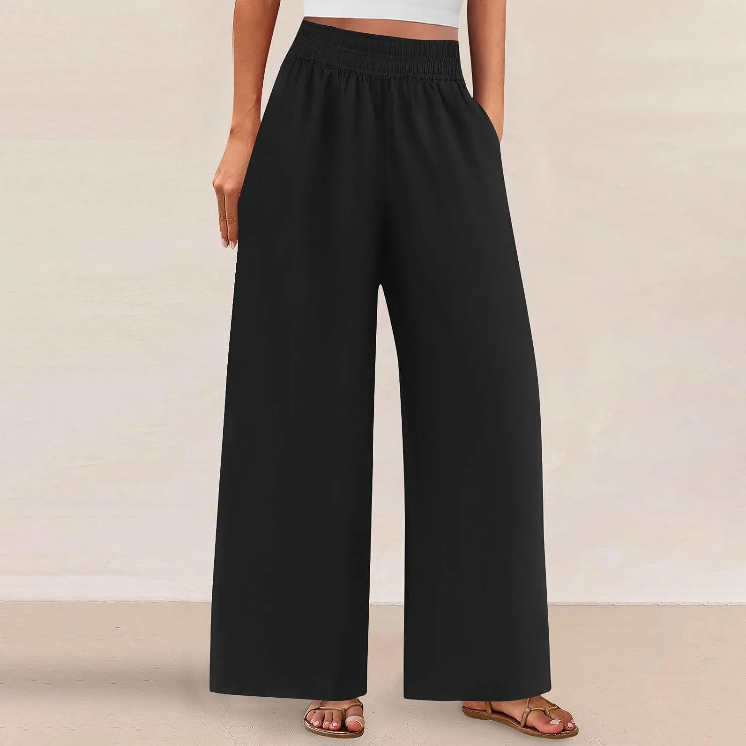 Womens Palazzo Pants with Pockets Loose Flowy Wide Leg Pants Summer Beach Travel Outfits Stretch Comfy Trousers