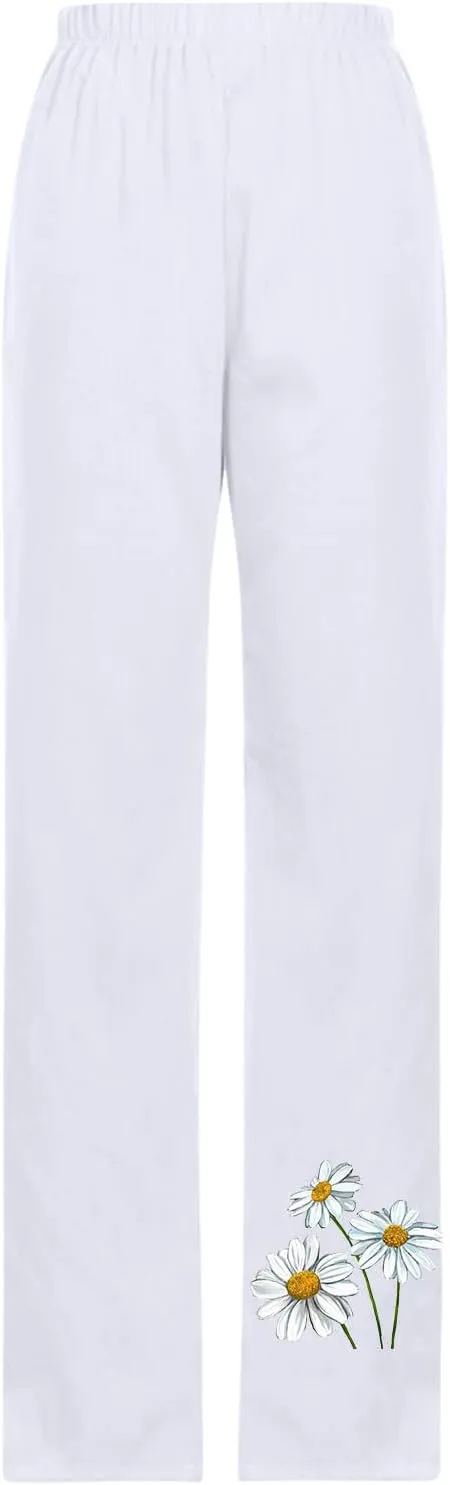 Womens Pants Casual Floral Printed Plus Size Capris Loose Fitting Joggers Lightweight Cropped Pants with Pocket