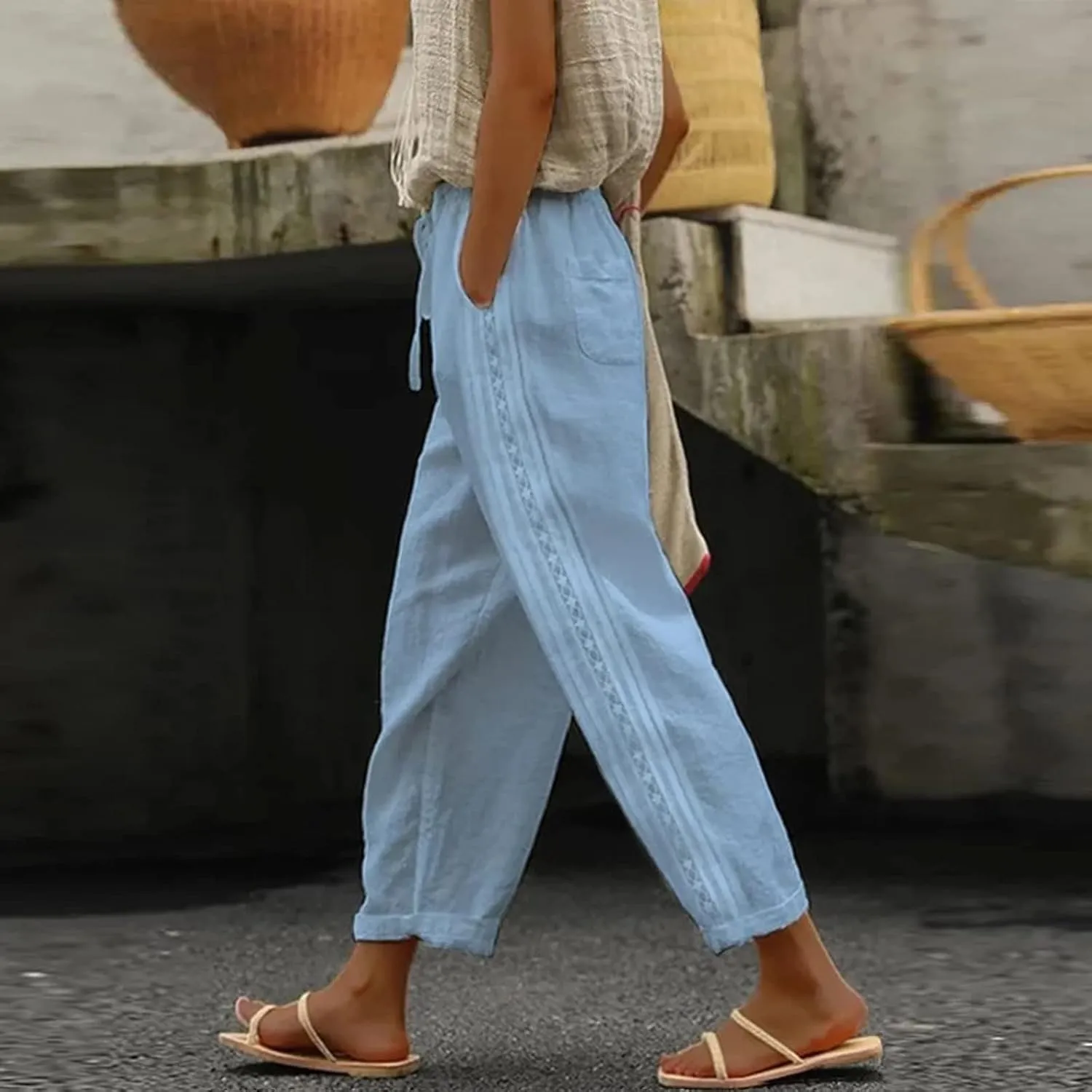 Womens Pants, Linen Peasant Pants Casual Straight Leg Trendy Elastic Waist Drawstring