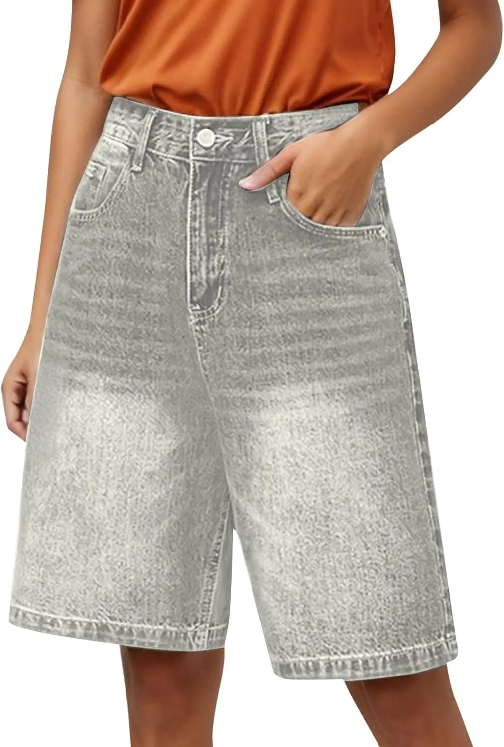 Women's Retro Distressed Denim Shorts Loose Straight Leg 5 Pocket Hot Pants Short Sleeve Turtleneck Women