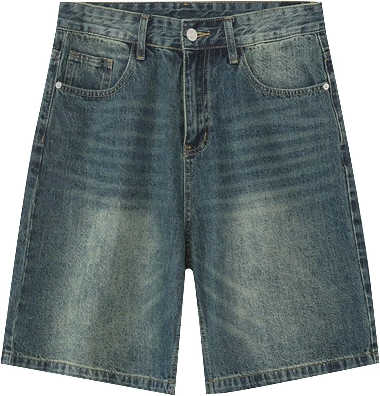 Women's Retro Distressed Denim Shorts Loose Straight Leg 5 Pocket Hot Pants Short Sleeve Turtleneck Women