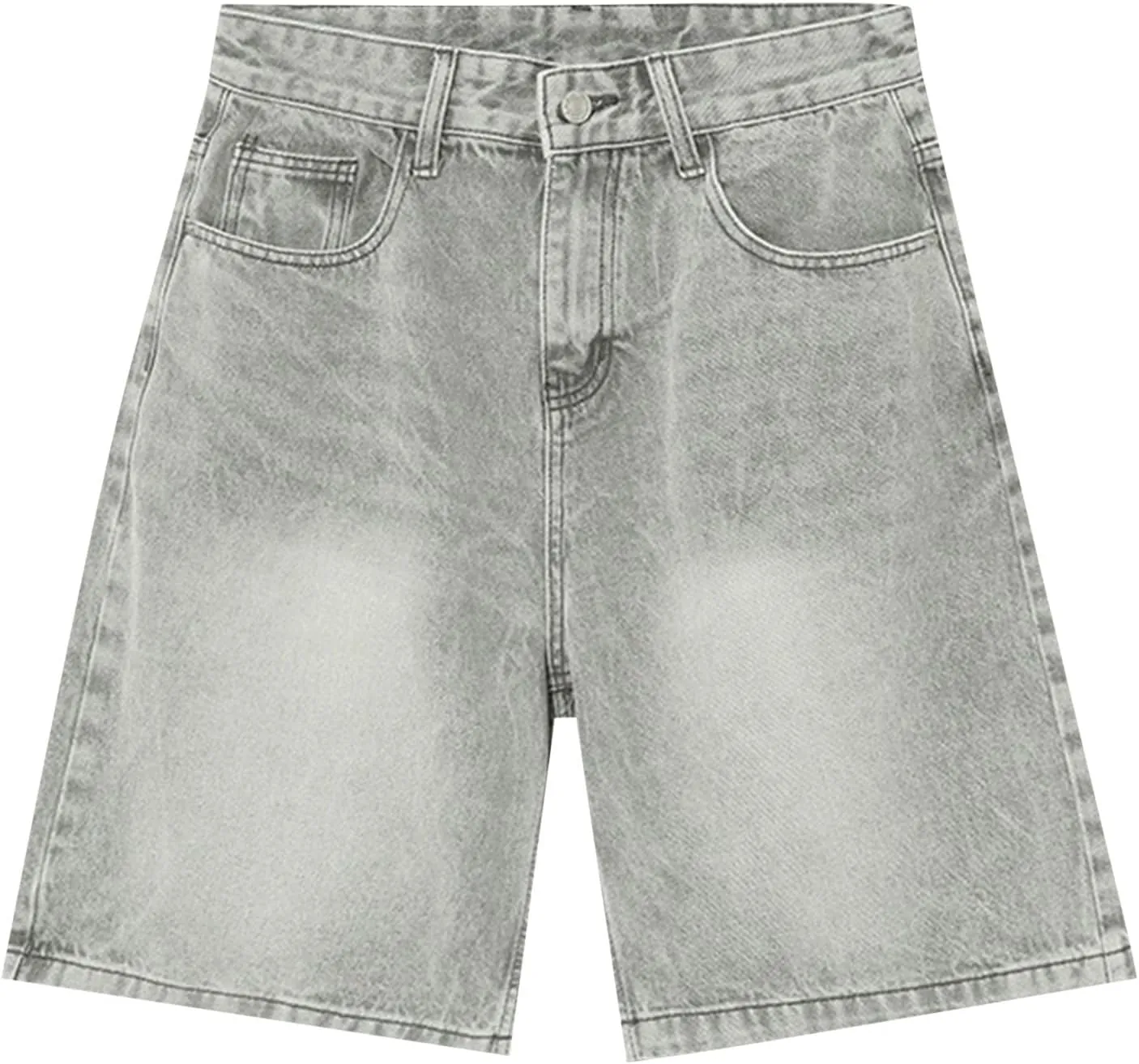 Women's Retro Distressed Denim Shorts Loose Straight Leg 5 Pocket Hot Pants Short Sleeve Turtleneck Women