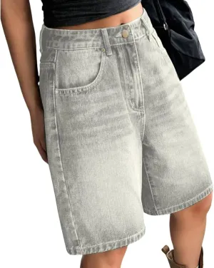 Women's Retro Distressed Denim Shorts Loose Straight Leg 5 Pocket Hot Pants Short Sleeve Turtleneck Women