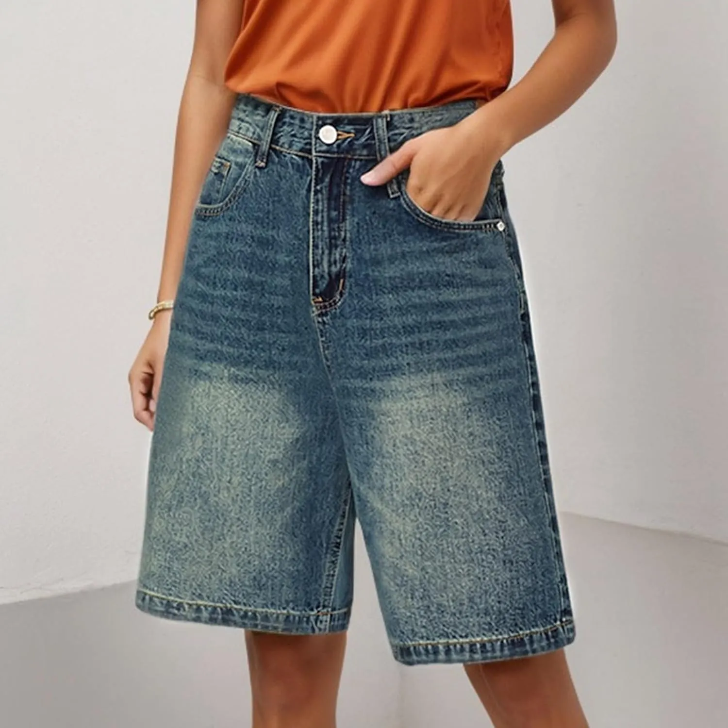 Women's Retro Distressed Denim Shorts Loose Straight Leg 5 Pocket Hot Pants Short Sleeve Turtleneck Women