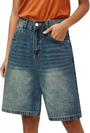 Women's Retro Distressed Denim Shorts Loose Straight Leg 5 Pocket Hot Pants Short Sleeve Turtleneck Women