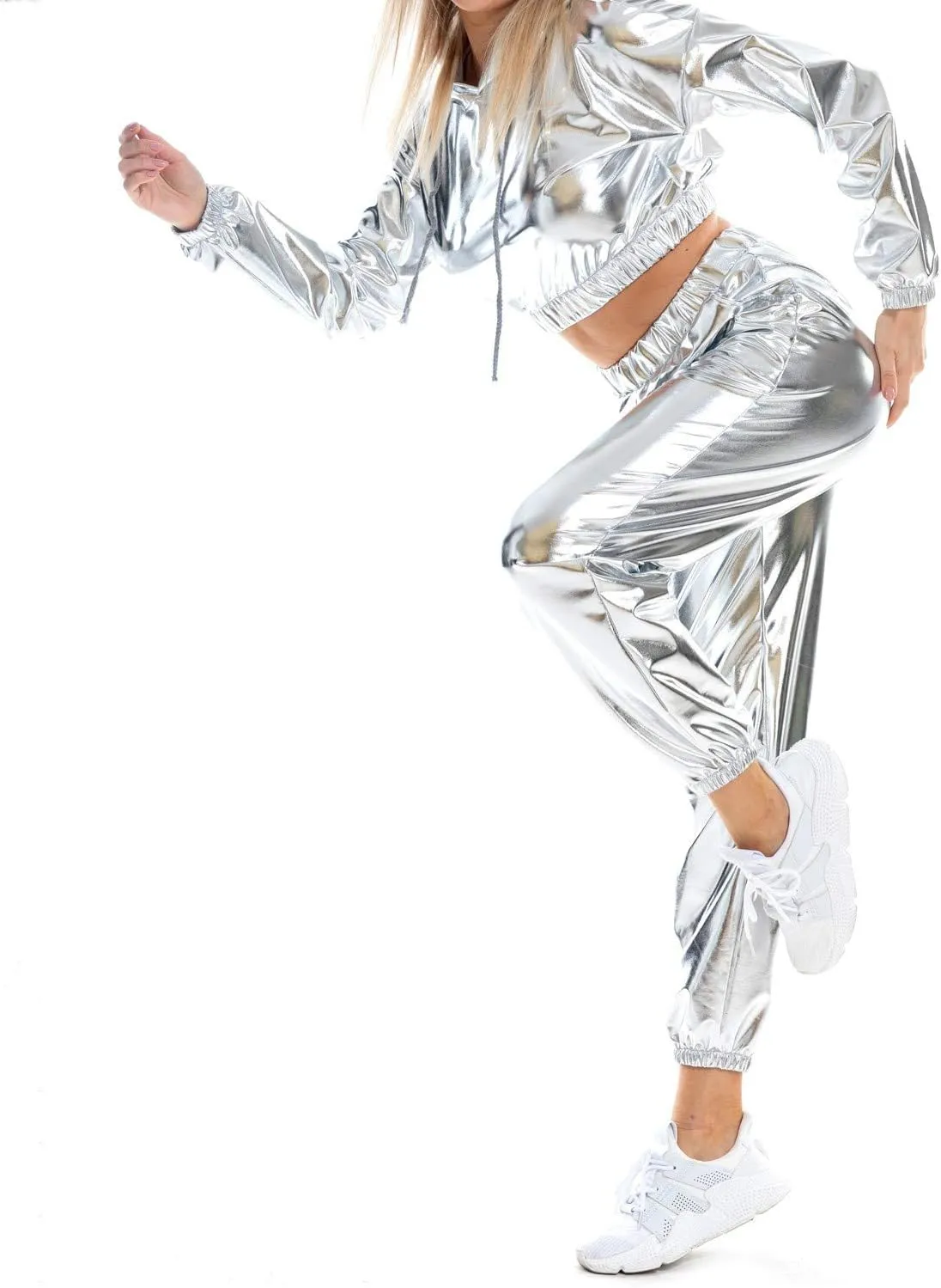 Womens Shiny Metallic High Waist Jogger Pants Hip Hop Clubwear Holographic Trousers Sweatpant 70s 80s Disco Outfits