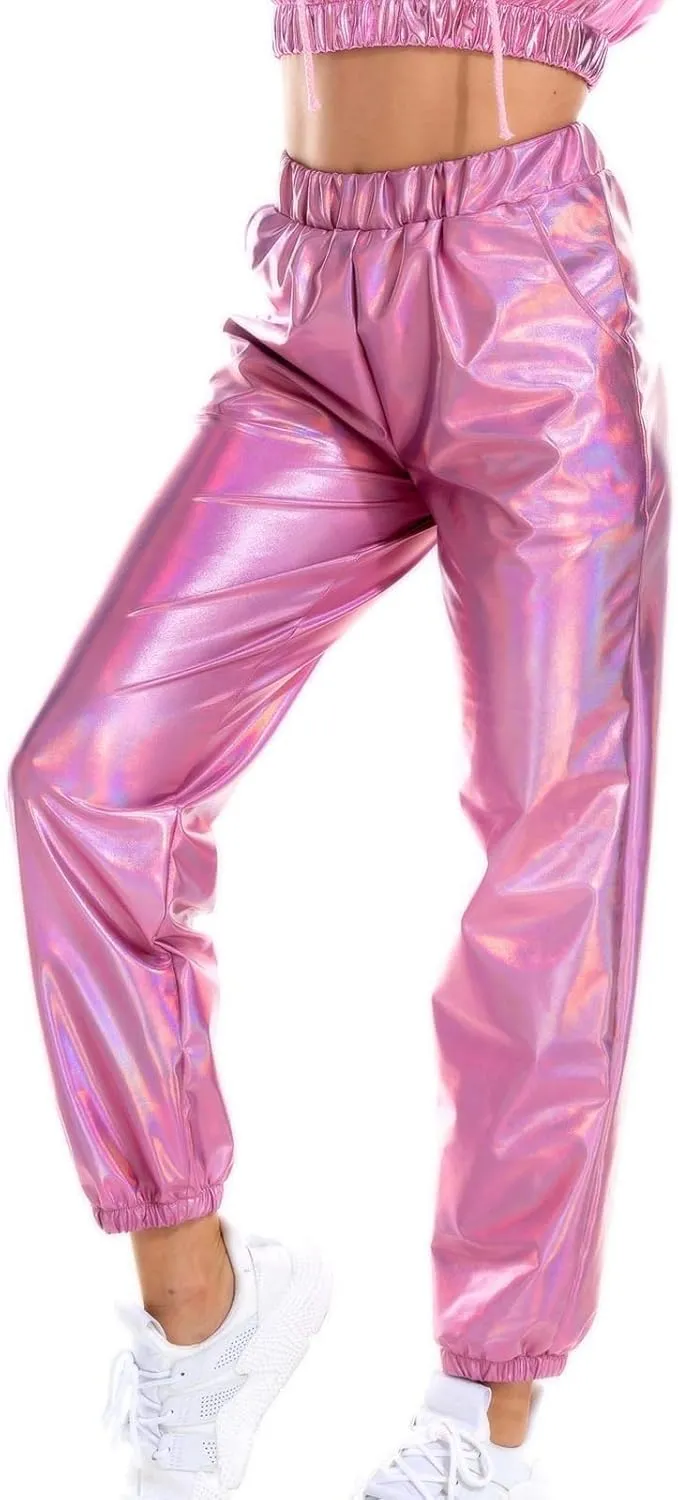 Womens Shiny Metallic High Waist Jogger Pants Hip Hop Clubwear Holographic Trousers Sweatpant 70s 80s Disco Outfits