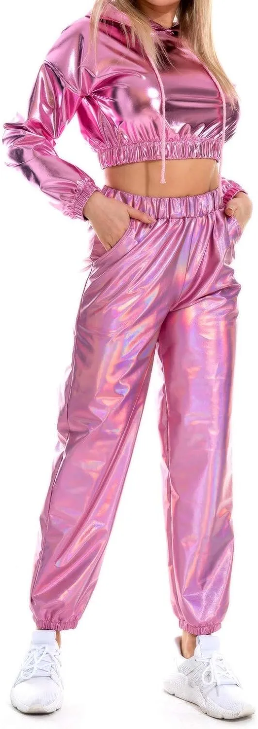 Womens Shiny Metallic High Waist Jogger Pants Hip Hop Clubwear Holographic Trousers Sweatpant 70s 80s Disco Outfits