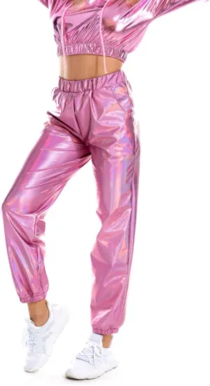 Womens Shiny Metallic High Waist Jogger Pants Hip Hop Clubwear Holographic Trousers Sweatpant 70s 80s Disco Outfits