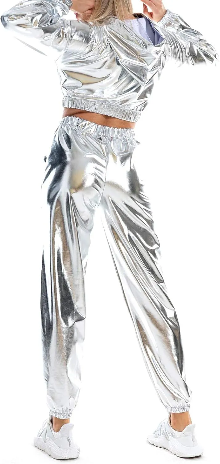 Womens Shiny Metallic High Waist Jogger Pants Hip Hop Clubwear Holographic Trousers Sweatpant 70s 80s Disco Outfits