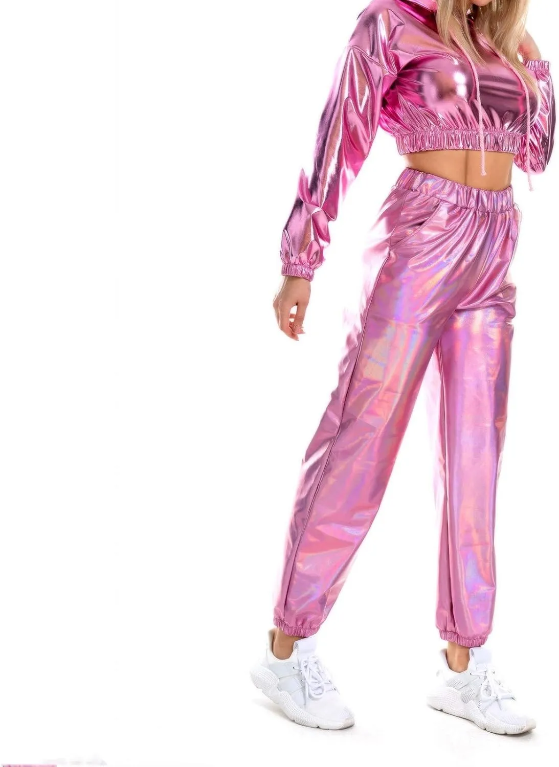 Womens Shiny Metallic High Waist Jogger Pants Hip Hop Clubwear Holographic Trousers Sweatpant 70s 80s Disco Outfits