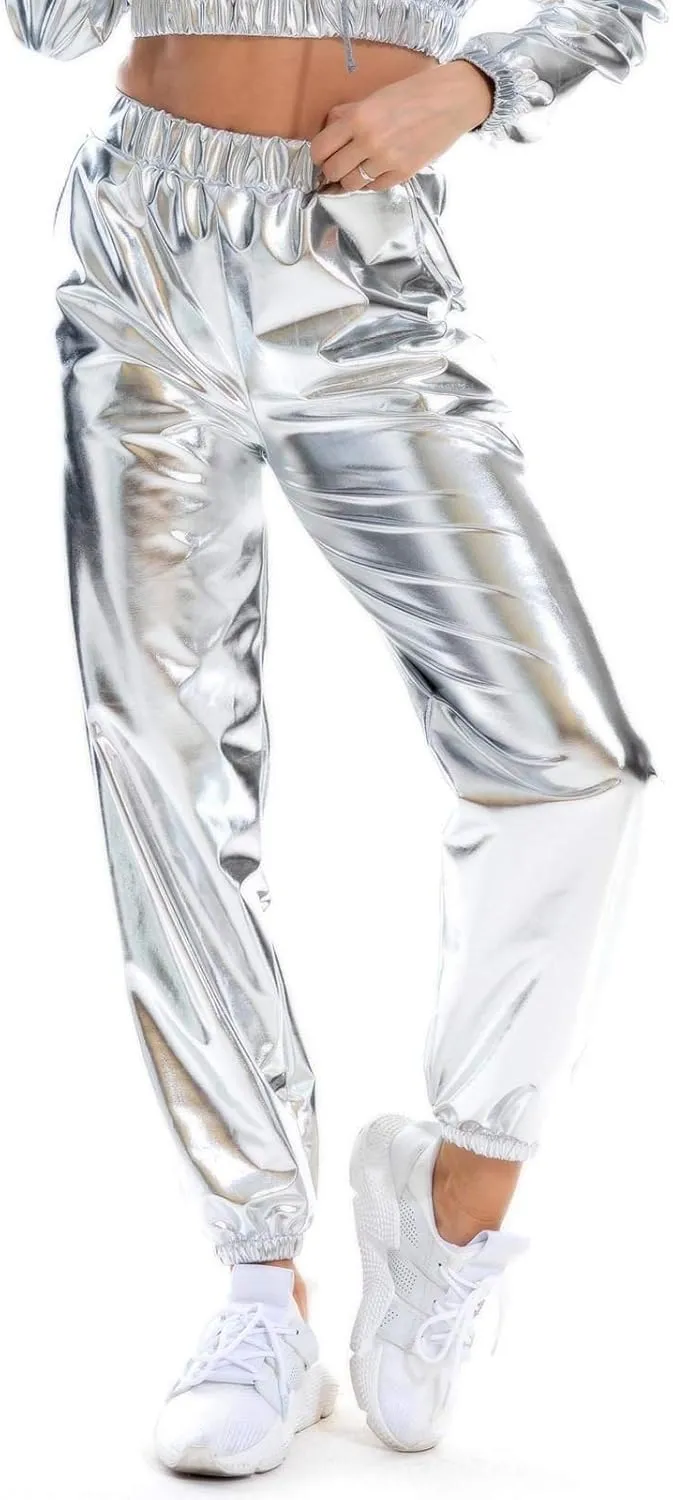 Womens Shiny Metallic High Waist Jogger Pants Hip Hop Clubwear Holographic Trousers Sweatpant 70s 80s Disco Outfits
