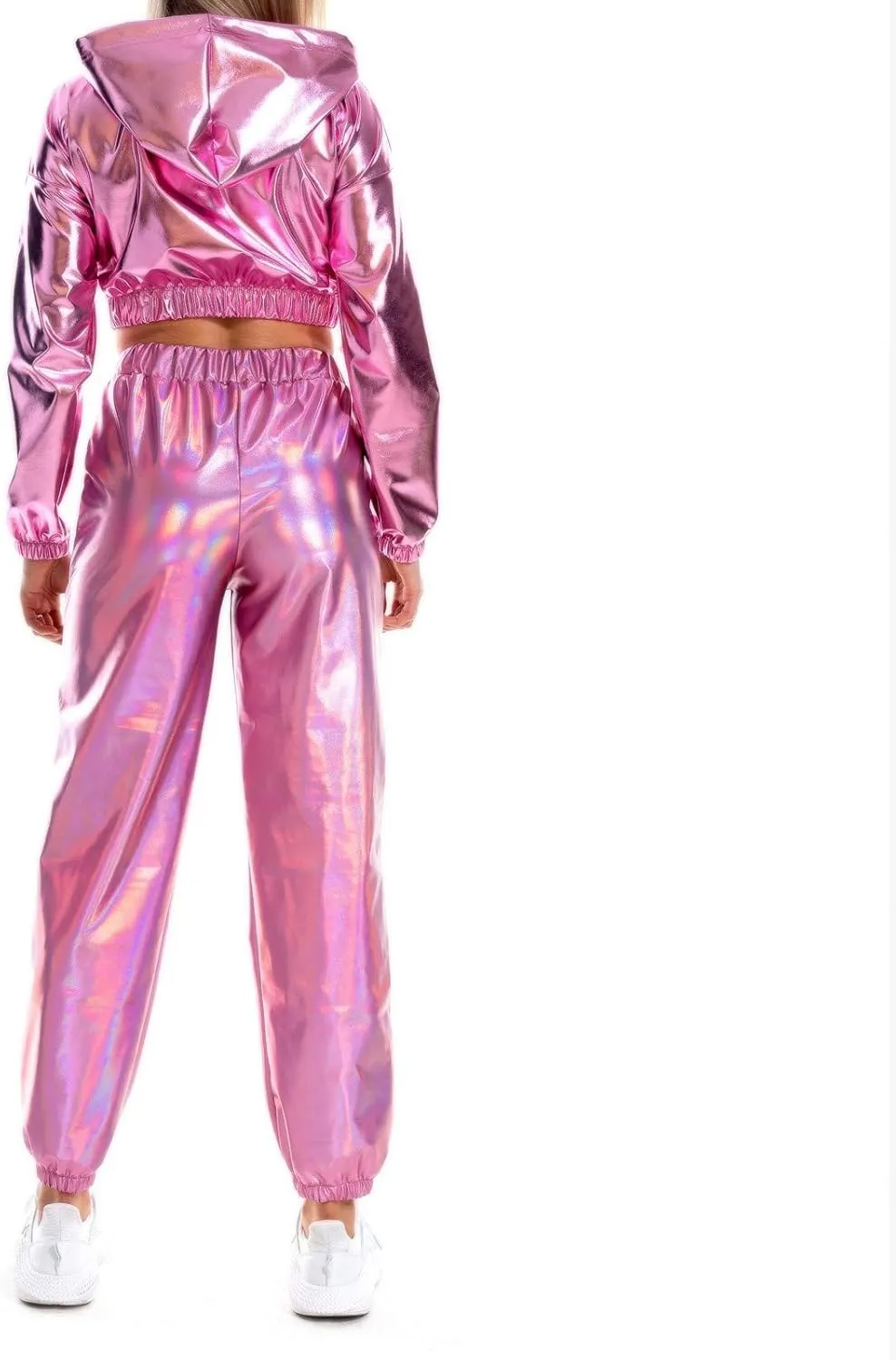 Womens Shiny Metallic High Waist Jogger Pants Hip Hop Clubwear Holographic Trousers Sweatpant 70s 80s Disco Outfits