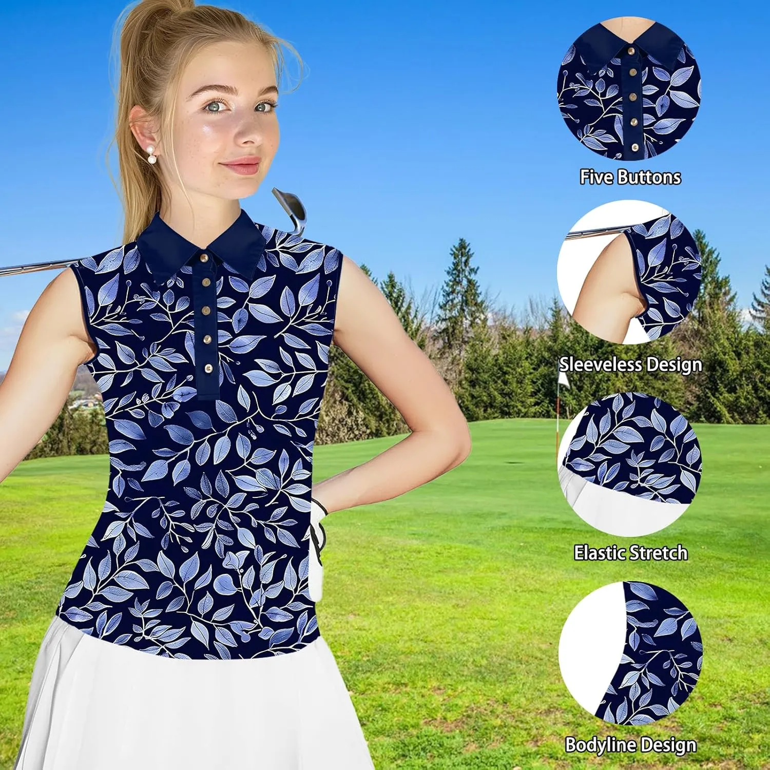 Women's Slim Fit Sleeveless Golf Polo Shirts Hawaiian Floral Moisture Wicking Tennis Tank Top with UPF 50  Protection