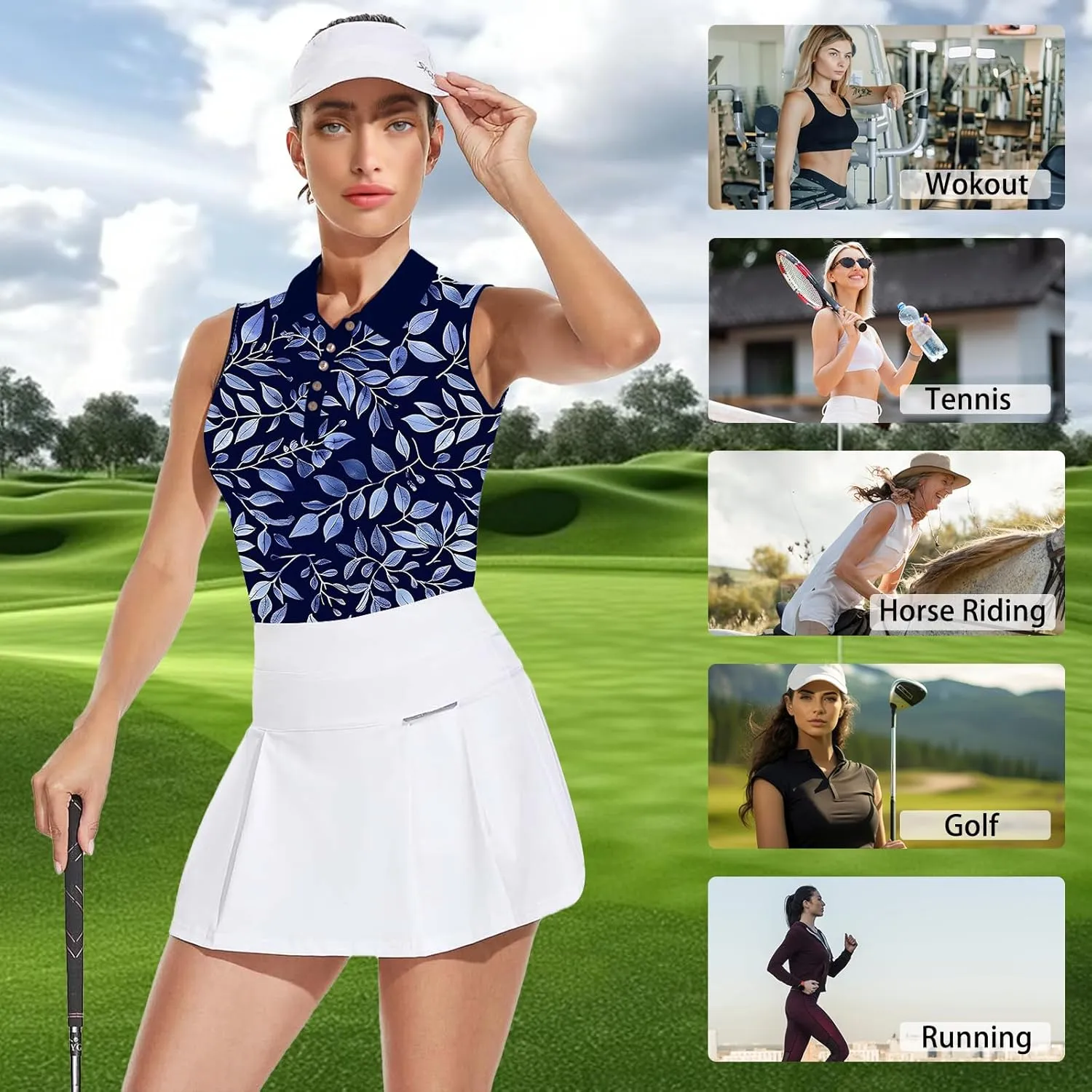 Women's Slim Fit Sleeveless Golf Polo Shirts Hawaiian Floral Moisture Wicking Tennis Tank Top with UPF 50  Protection