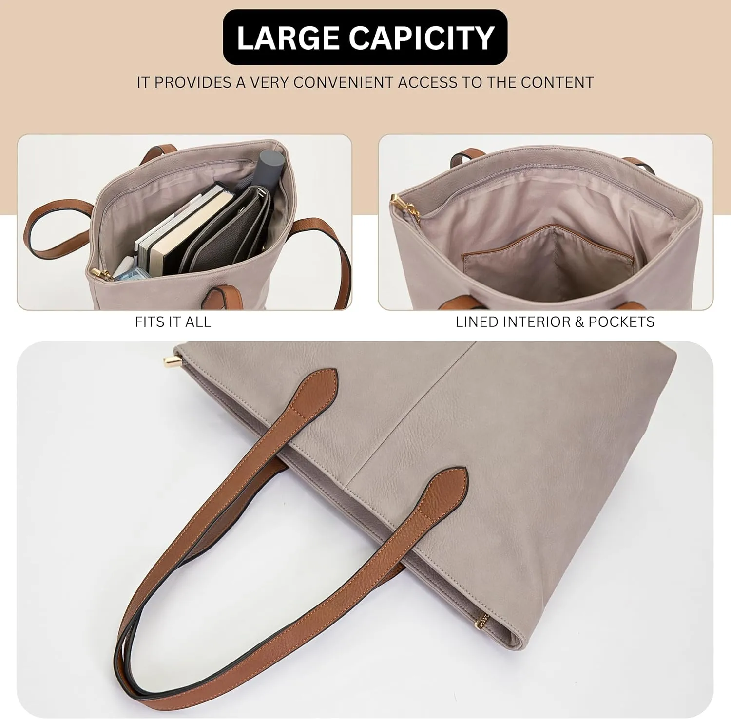 Womens Soft Vegan Leather Tote  Lightweight Medium Shoulder Purse with Zip Closure  Brook