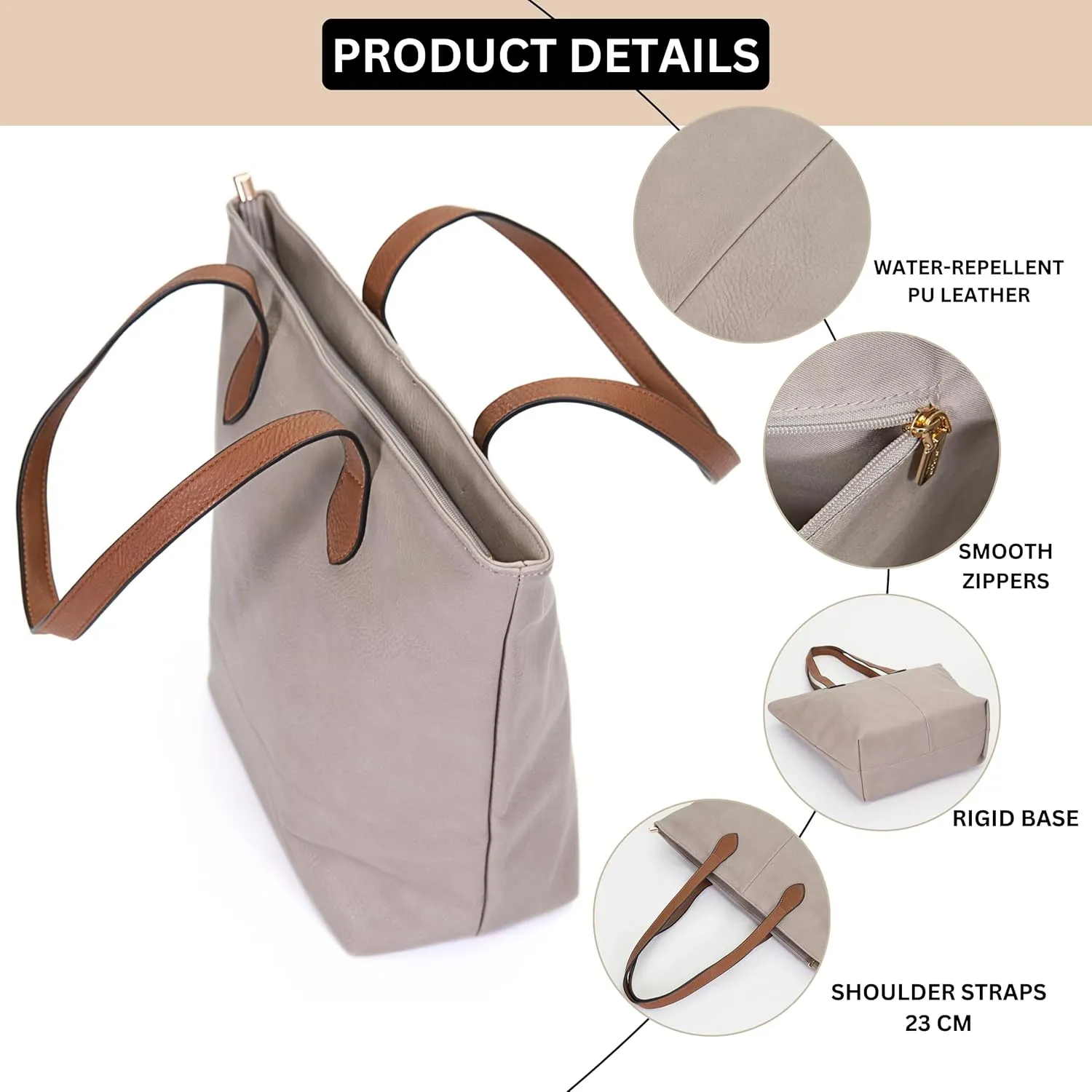 Womens Soft Vegan Leather Tote  Lightweight Medium Shoulder Purse with Zip Closure  Brook