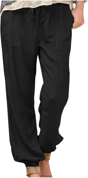 Women's Solid Cotton Linen Long Pants - Drawstring Waist Tapered Straight Leg Casual Loose Fit Trousers 2025 Summer