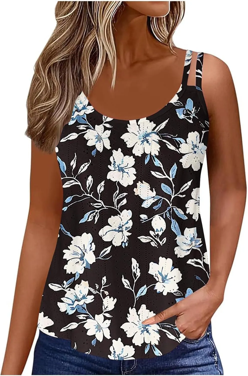Women's Spaghetti Strap Eyelet Camisole Sleeveless Tank Tops Soft Cami Shirts Trendy Casual Summer Dressy Blouse