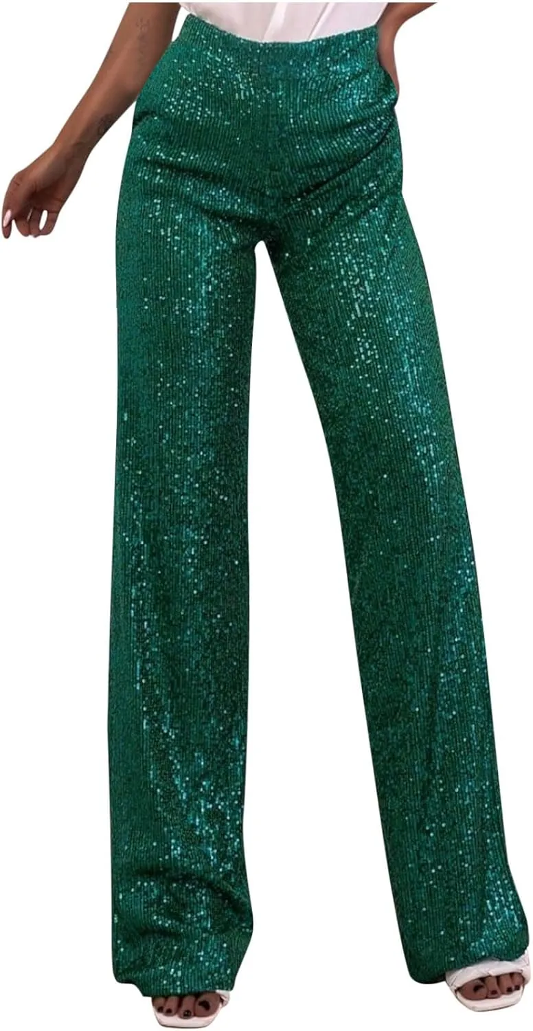 Women's Sparkle Sequin Wide Leg Pants High Waist Shiny Party Clubwear Bling Glitter Trousers Loose Flare Bottom Pants