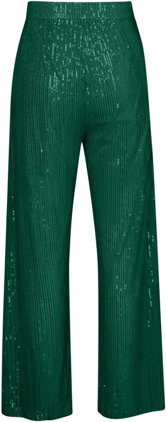 Women's Sparkle Sequin Wide Leg Pants High Waist Shiny Party Clubwear Bling Glitter Trousers Loose Flare Bottom Pants