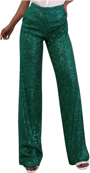 Women's Sparkle Sequin Wide Leg Pants High Waist Shiny Party Clubwear Bling Glitter Trousers Loose Flare Bottom Pants
