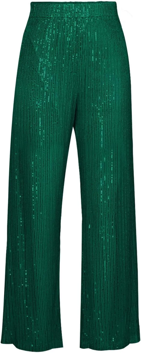 Women's Sparkle Sequin Wide Leg Pants High Waist Shiny Party Clubwear Bling Glitter Trousers Loose Flare Bottom Pants