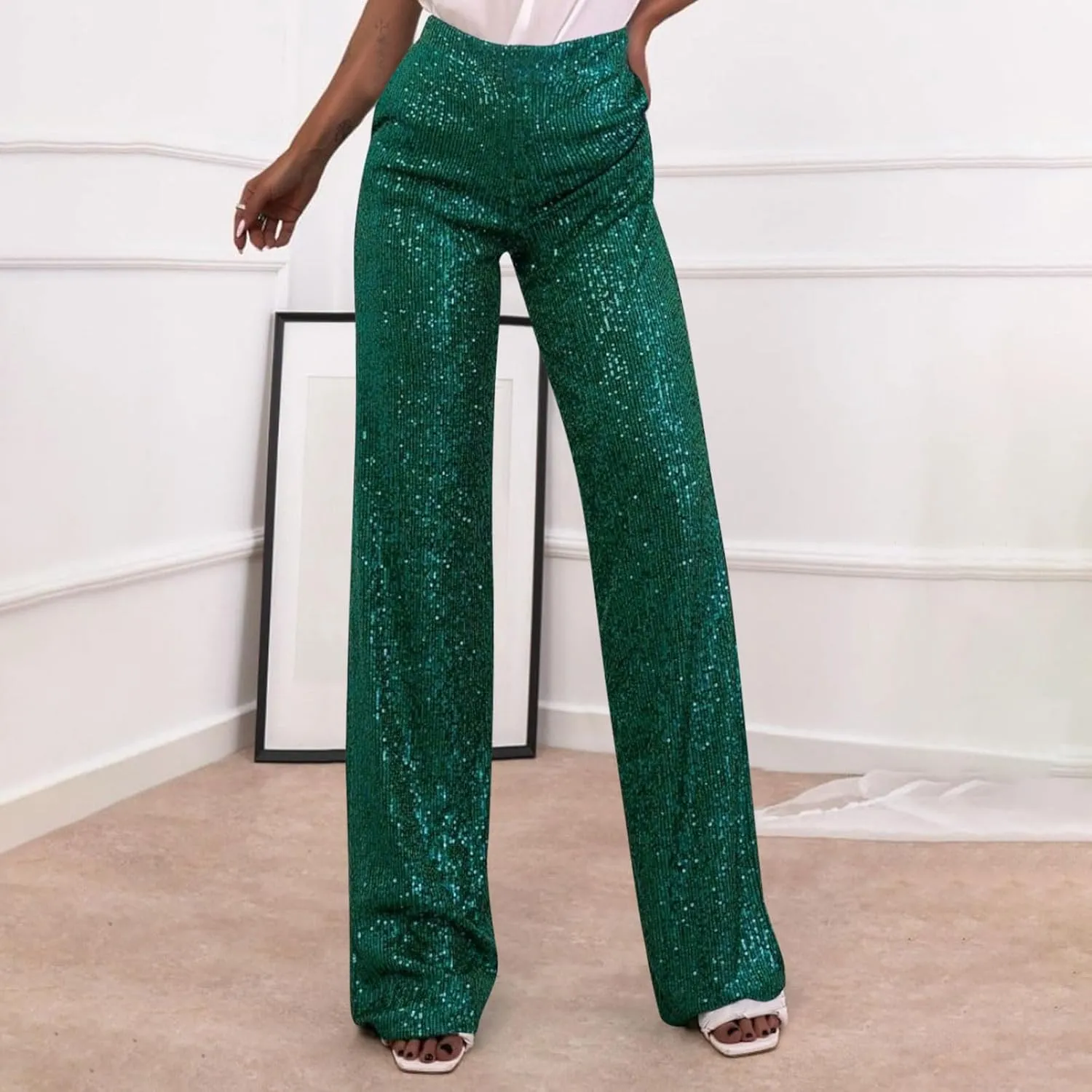 Women's Sparkle Sequin Wide Leg Pants High Waist Shiny Party Clubwear Bling Glitter Trousers Loose Flare Bottom Pants