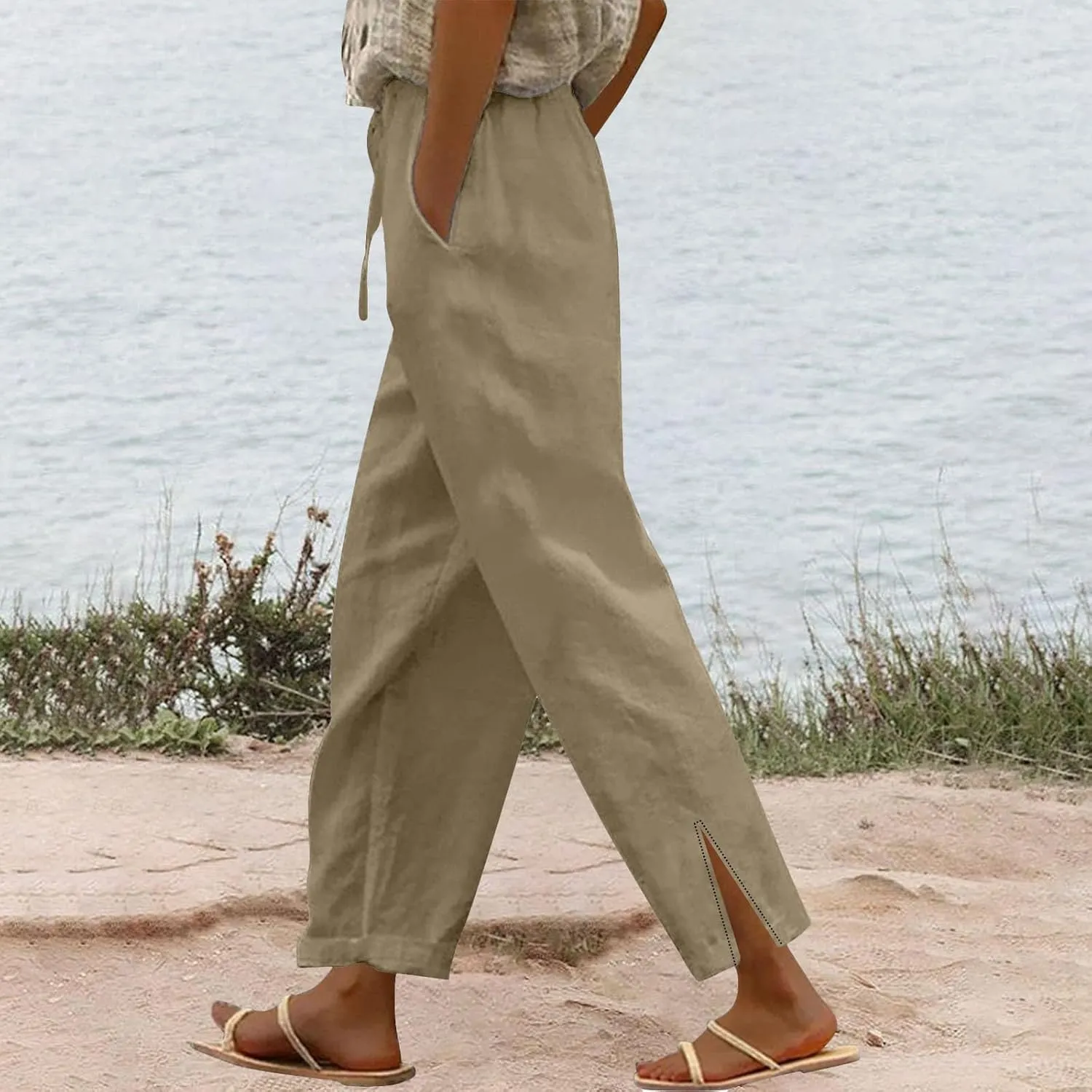 Womens Straight Leg Linen Pants 2025 Summer Casual Beach Pants Lightweight High Waisted Boho Capri Pants with Pockets
