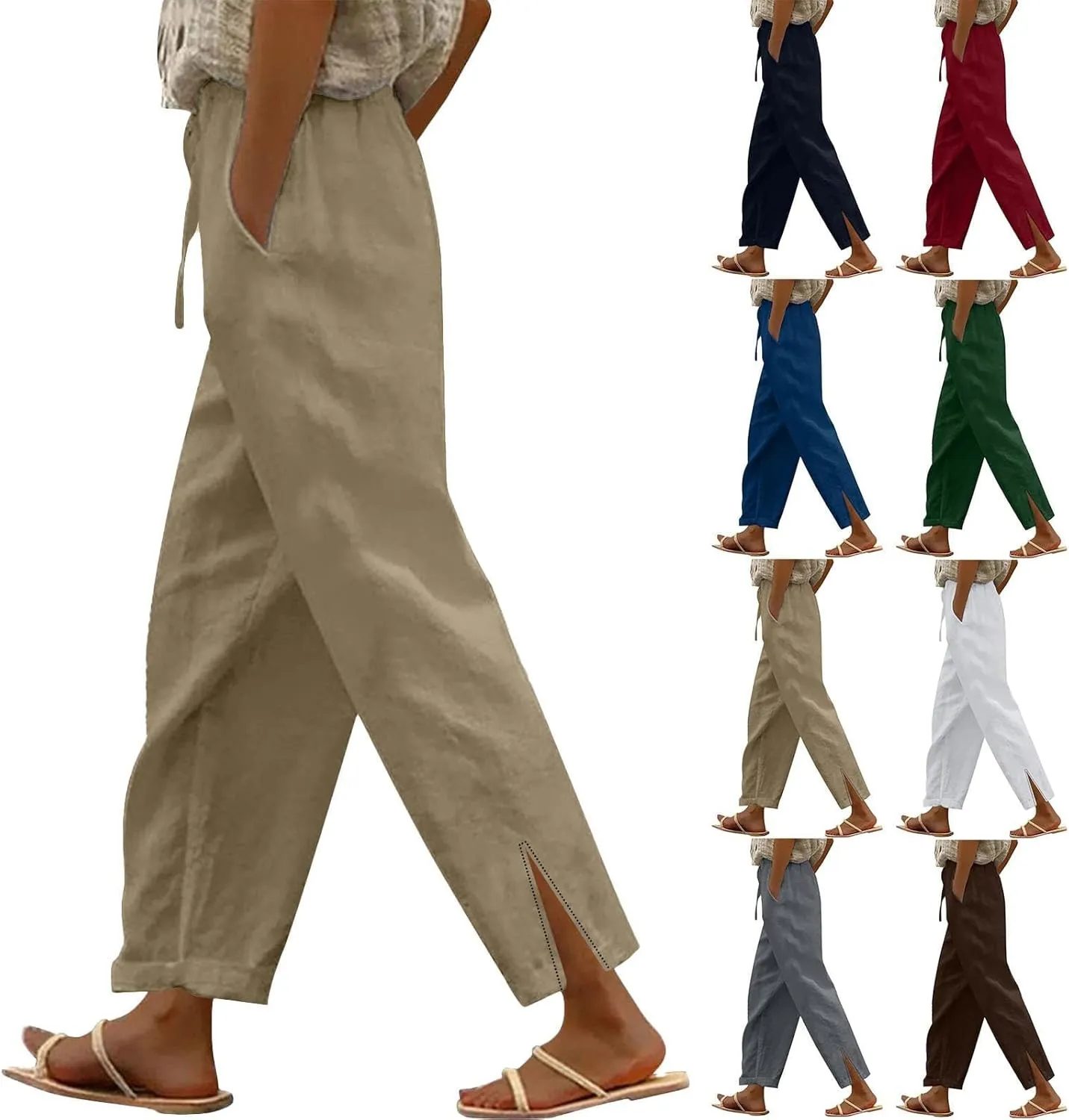 Womens Straight Leg Linen Pants 2025 Summer Casual Beach Pants Lightweight High Waisted Boho Capri Pants with Pockets