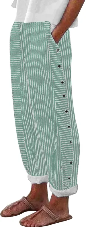 Womens Striped Linen Pants Cropped Side Bottom Trim Elastic Waist Capris Lightweight Summer Beach Trouser with Pocket