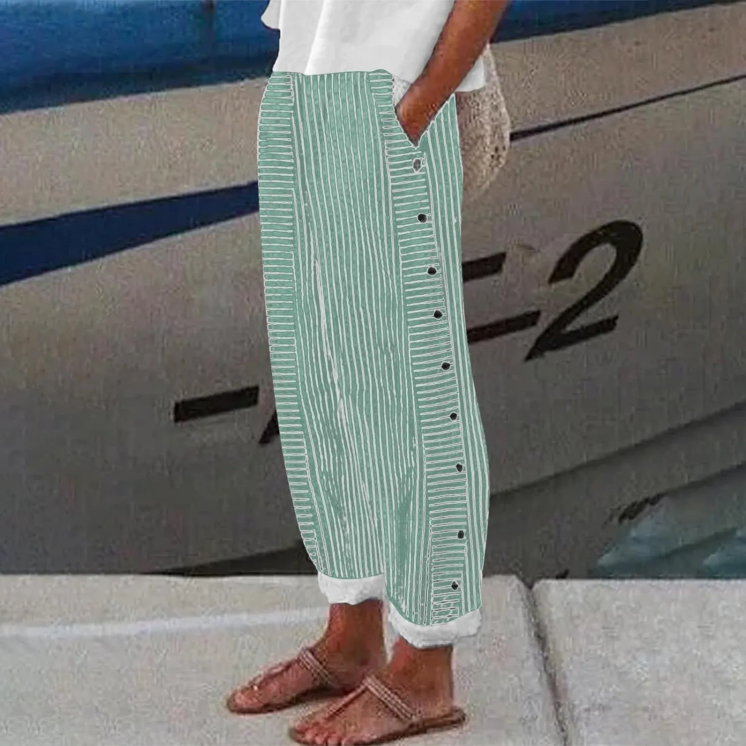 Womens Striped Linen Pants Cropped Side Bottom Trim Elastic Waist Capris Lightweight Summer Beach Trouser with Pocket