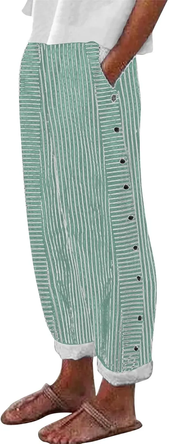 Womens Striped Linen Pants Cropped Side Bottom Trim Elastic Waist Capris Lightweight Summer Beach Trouser with Pocket
