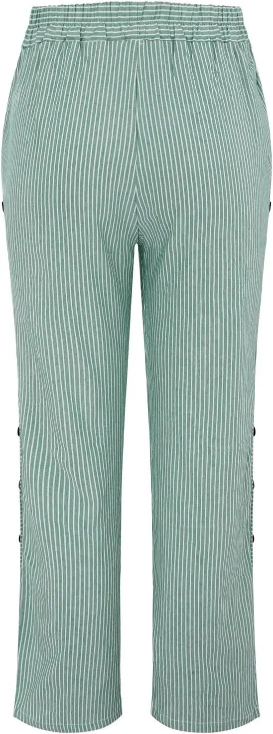 Womens Striped Linen Pants Cropped Side Bottom Trim Elastic Waist Capris Lightweight Summer Beach Trouser with Pocket