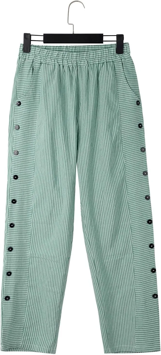 Womens Striped Linen Pants Cropped Side Bottom Trim Elastic Waist Capris Lightweight Summer Beach Trouser with Pocket