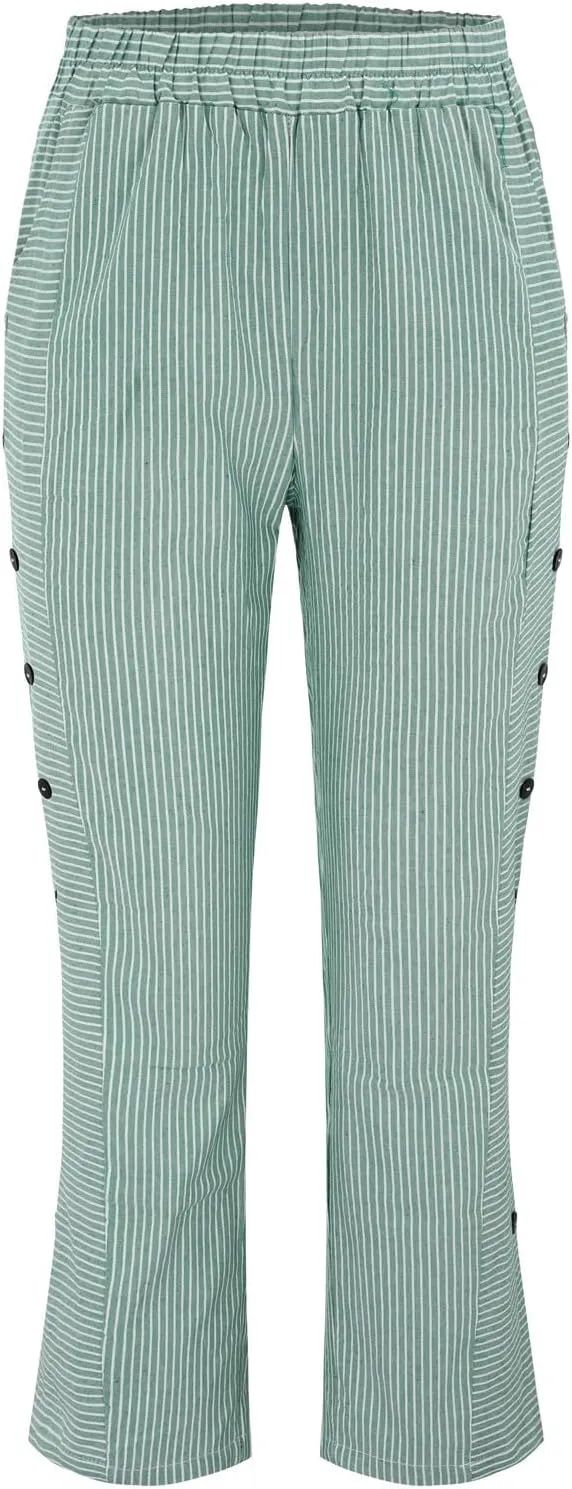 Womens Striped Linen Pants Cropped Side Bottom Trim Elastic Waist Capris Lightweight Summer Beach Trouser with Pocket