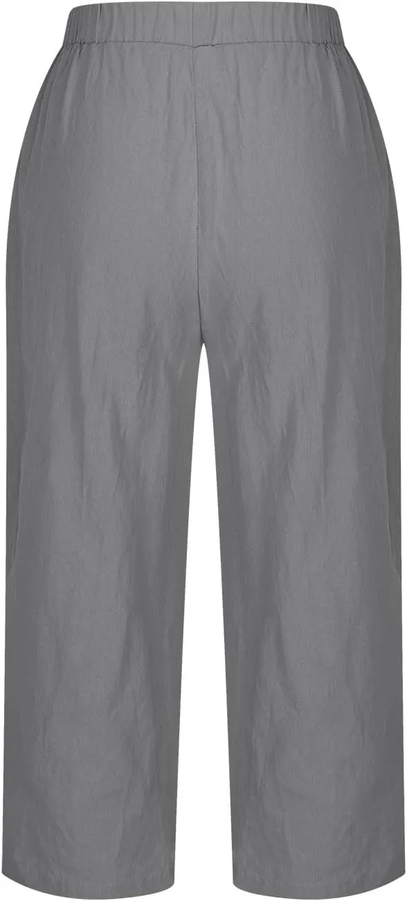 Women's Summer Cotton Linen Cropped Pants, Fashion Split Hem Loose Casual Trousers Going Out Vacation Trendy Clothes