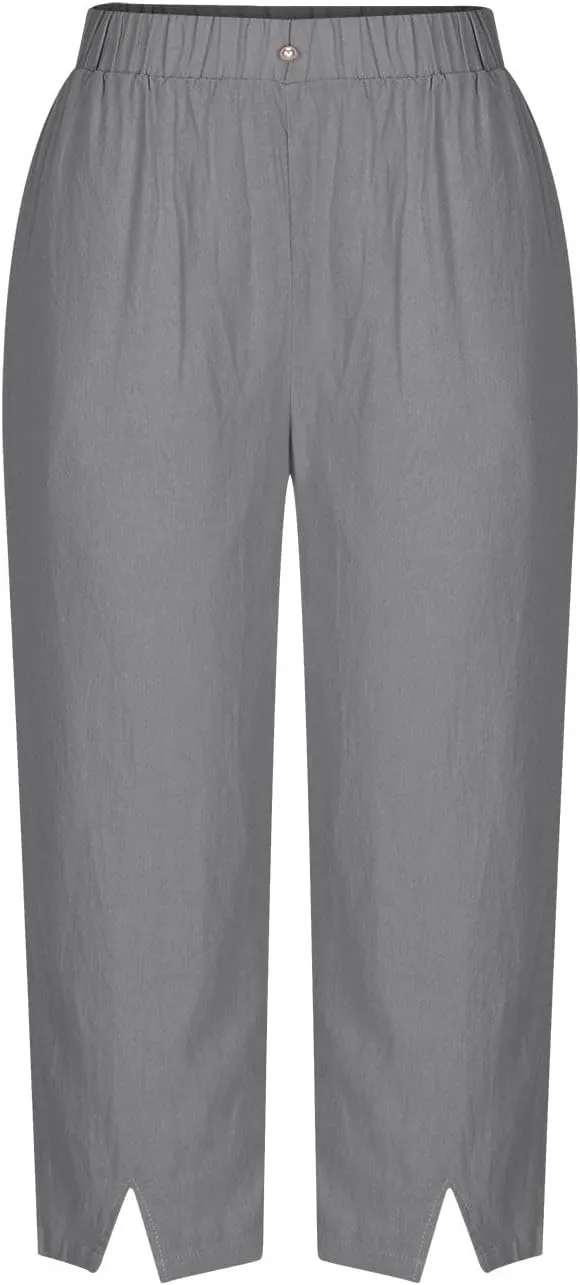 Women's Summer Cotton Linen Cropped Pants, Fashion Split Hem Loose Casual Trousers Going Out Vacation Trendy Clothes