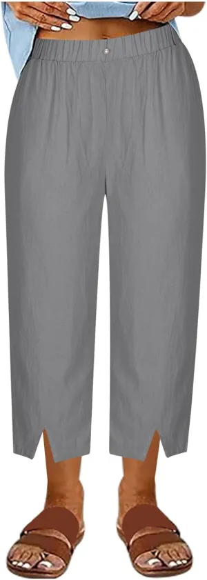 Women's Summer Cotton Linen Cropped Pants, Fashion Split Hem Loose Casual Trousers Going Out Vacation Trendy Clothes