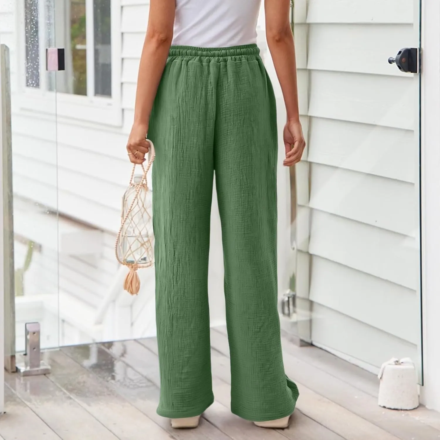 Women's Summer Cotton Linen Drawstring Straight Leg Palazzo Pants High Waist Beach Flowy Trouser Pant with Pocket
