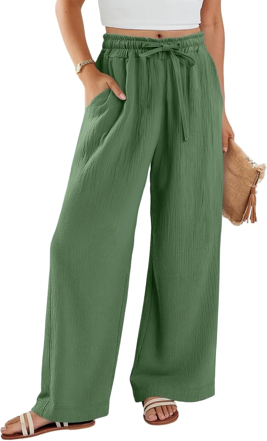 Women's Summer Cotton Linen Drawstring Straight Leg Palazzo Pants High Waist Beach Flowy Trouser Pant with Pocket