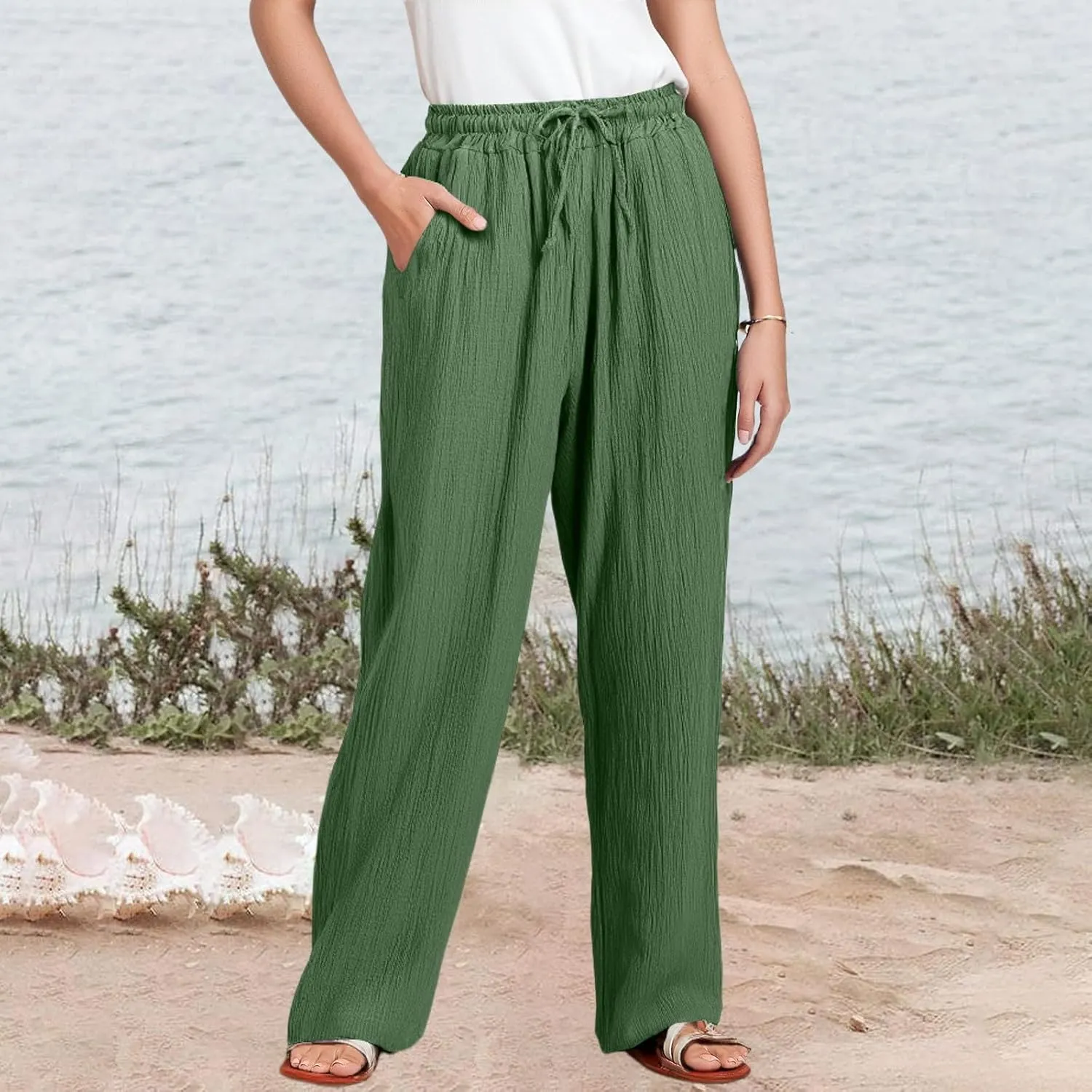 Women's Summer Cotton Linen Drawstring Straight Leg Palazzo Pants High Waist Beach Flowy Trouser Pant with Pocket